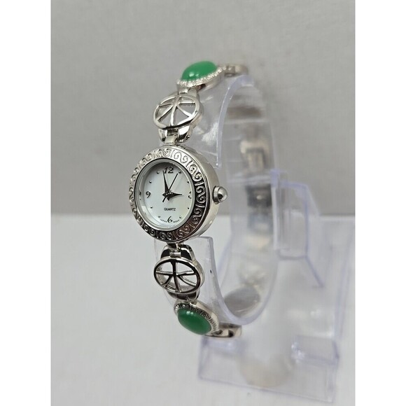 Avon Green Cabochon Oval Link Bracelet Watch Silver Tone Quartz New Battery main image 6
